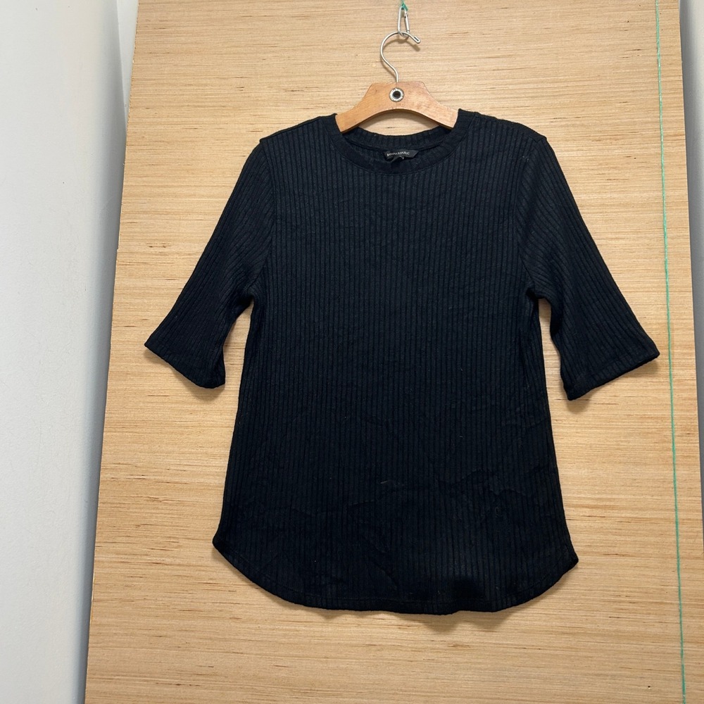 Banana Republic Womens Black Ribbed Knit Elbow Sleeve Crew Neck Top Medium